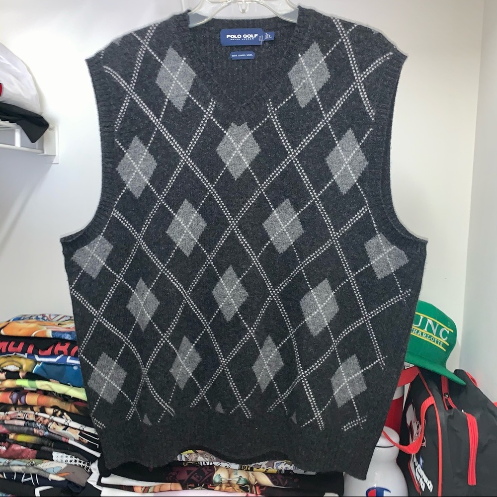 Mens Vintage Polo Golf Sweater Vest Ralph Lauren Lamb Wool Argyle Large Gray
